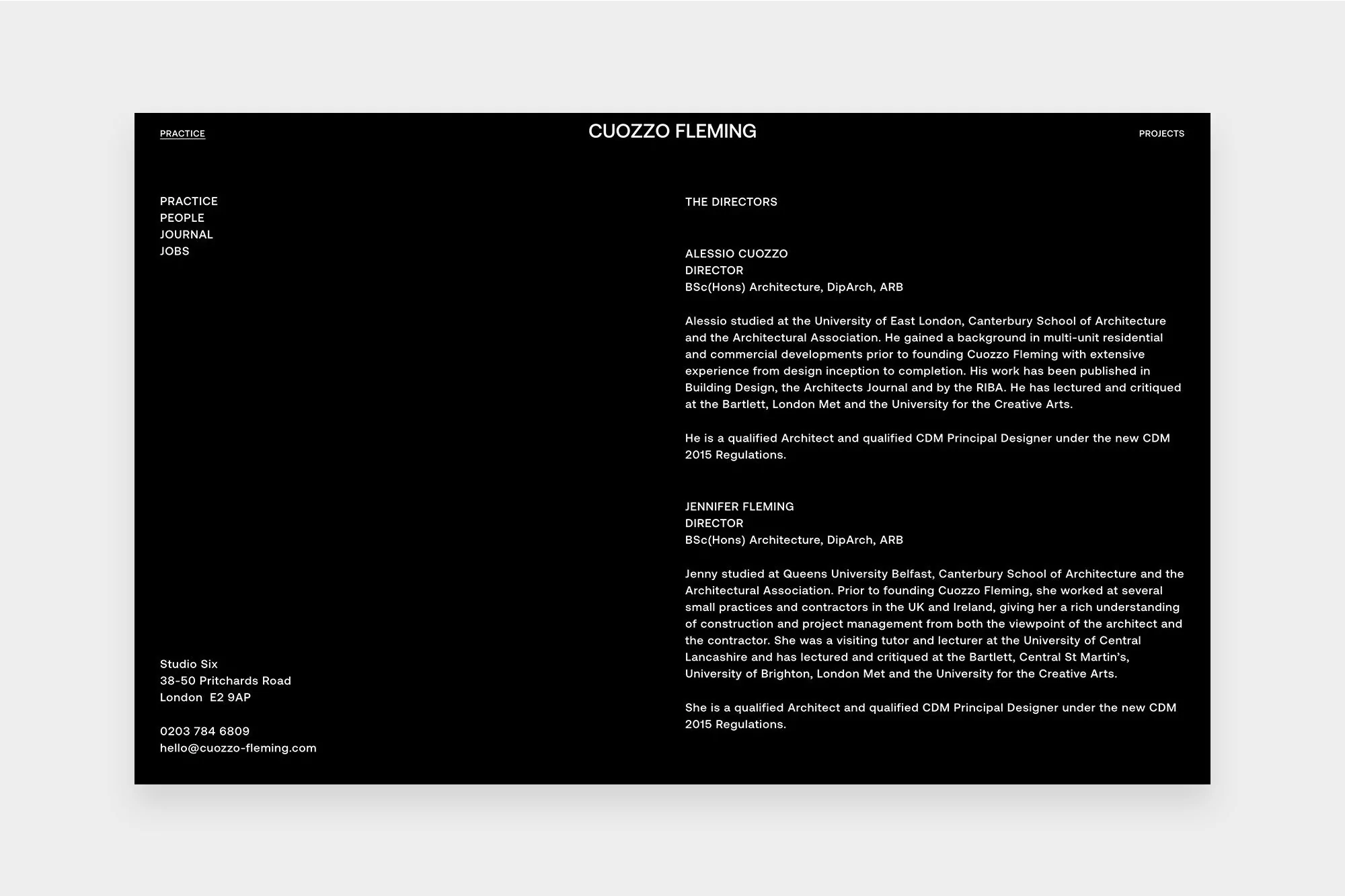 Website homepage for Cuozzo Fleming architectural firm showcasing firm directors Alessio Cuozzo and Jennifer Fleming with studio contact information.