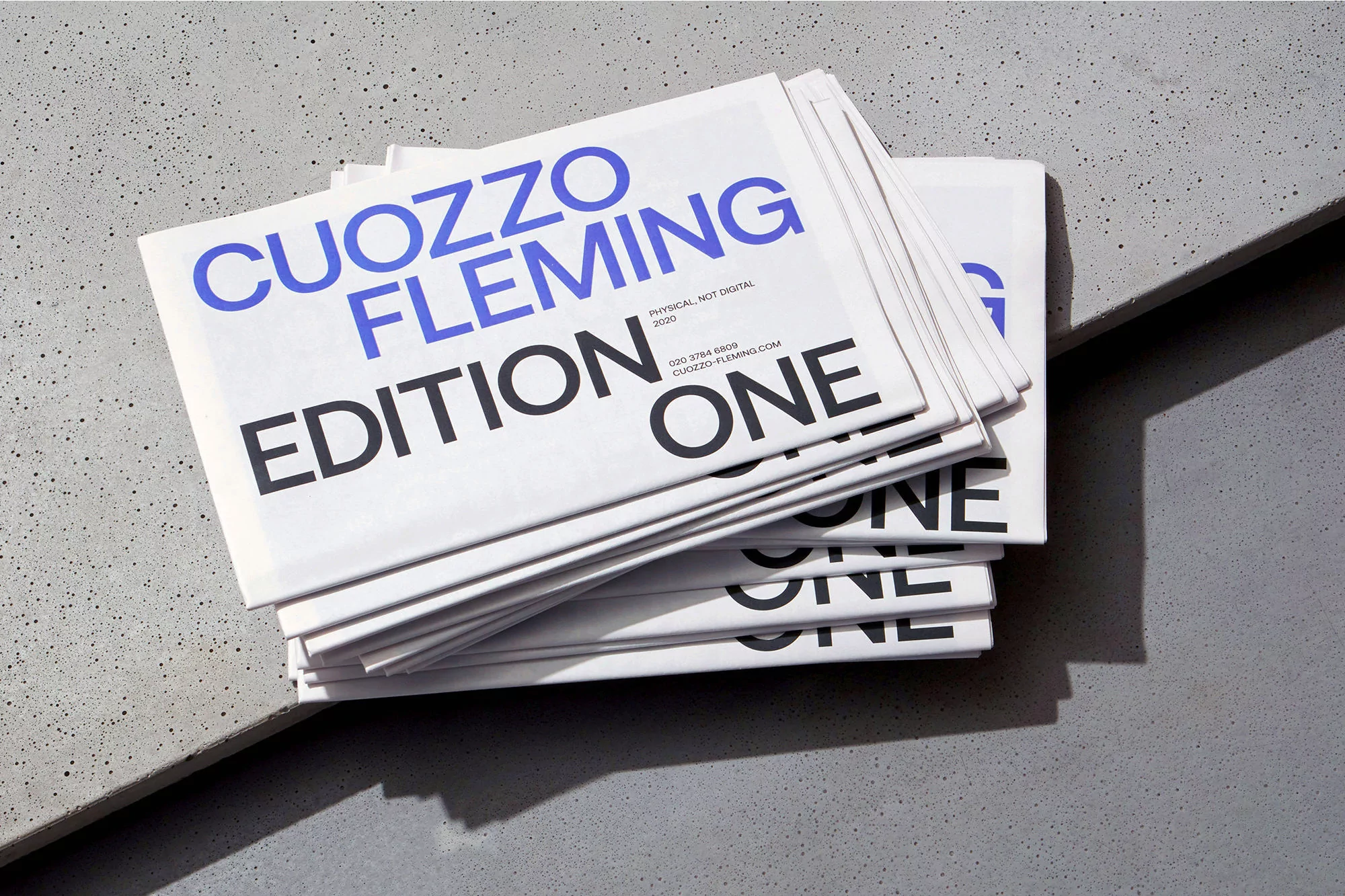 Stack of Cuozzo Fleming Edition One newspapers on a gray concrete surface. Bold blue and black typography is prominently displayed.