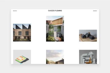 A minimalist architectural web portfolio featuring multiple project thumbnail images and the Cuozzo Fleming brand name at the top center.