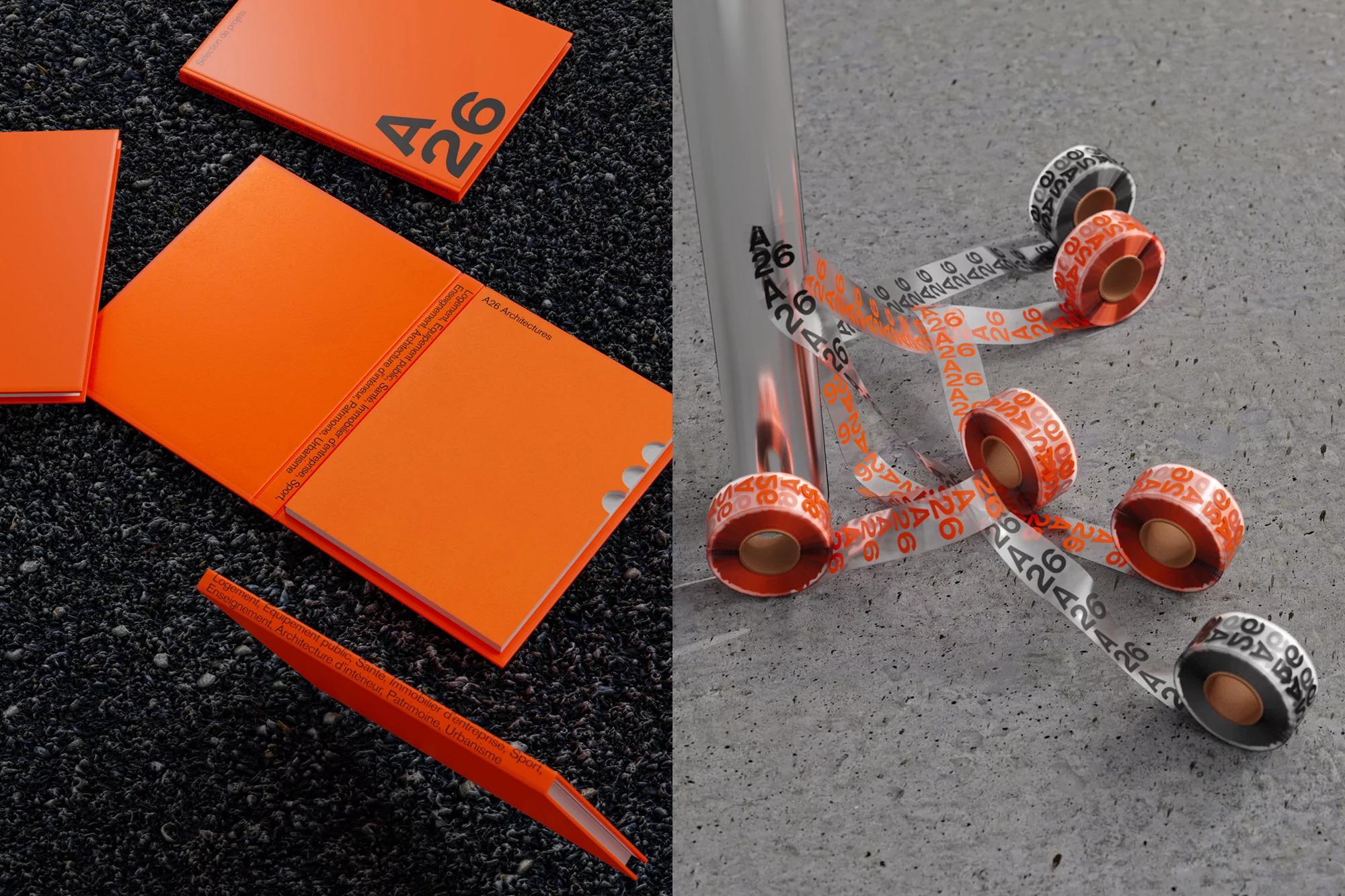 Eye-level shot of stationery and office supplies. Includes orange notebooks and an orange pen on a textured surface, and labeled tape.