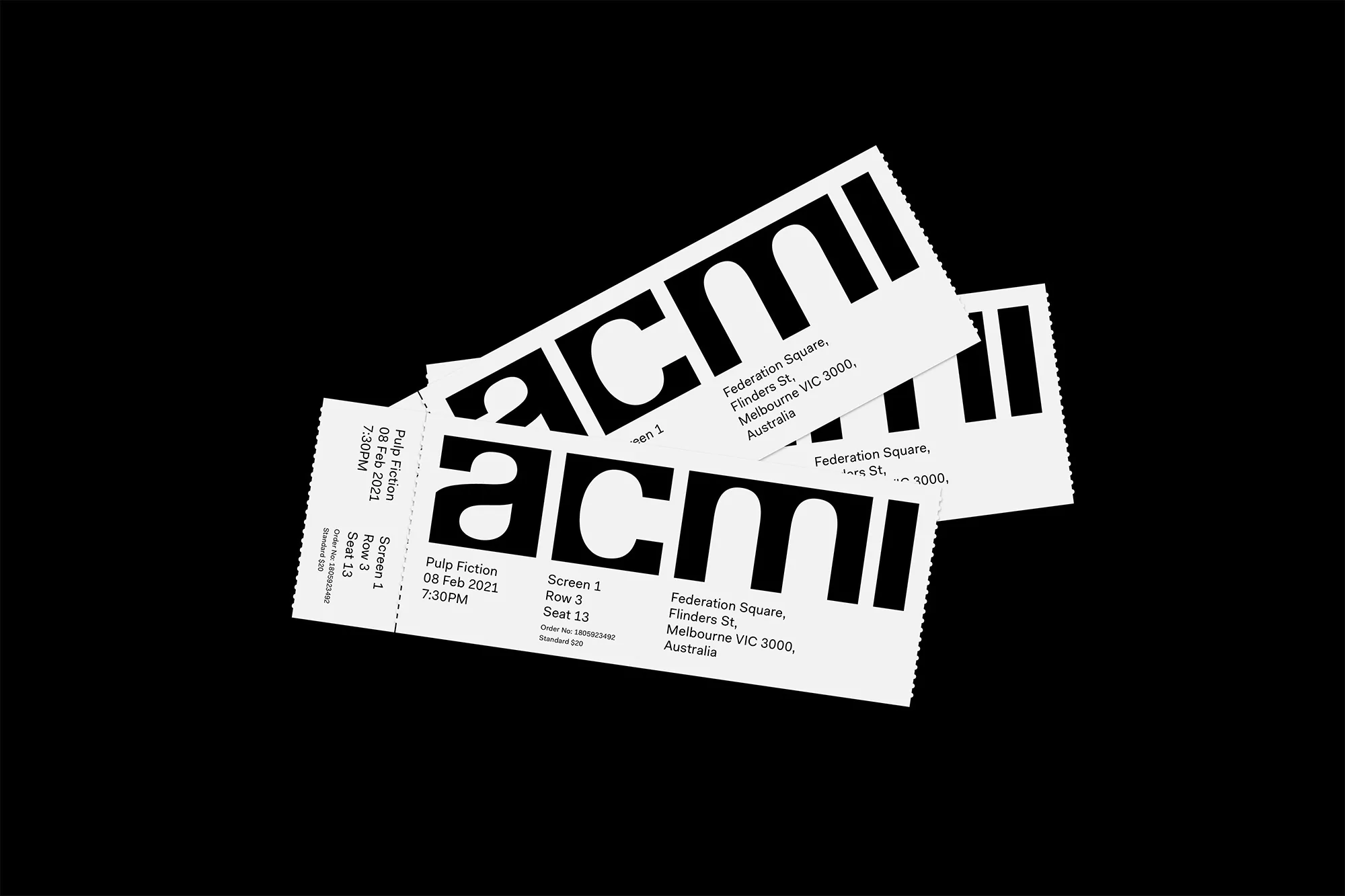 Three ACMI tickets for a Pulp Fiction screening on a black background. Tickets display the movie title, date, time, and seat details.
