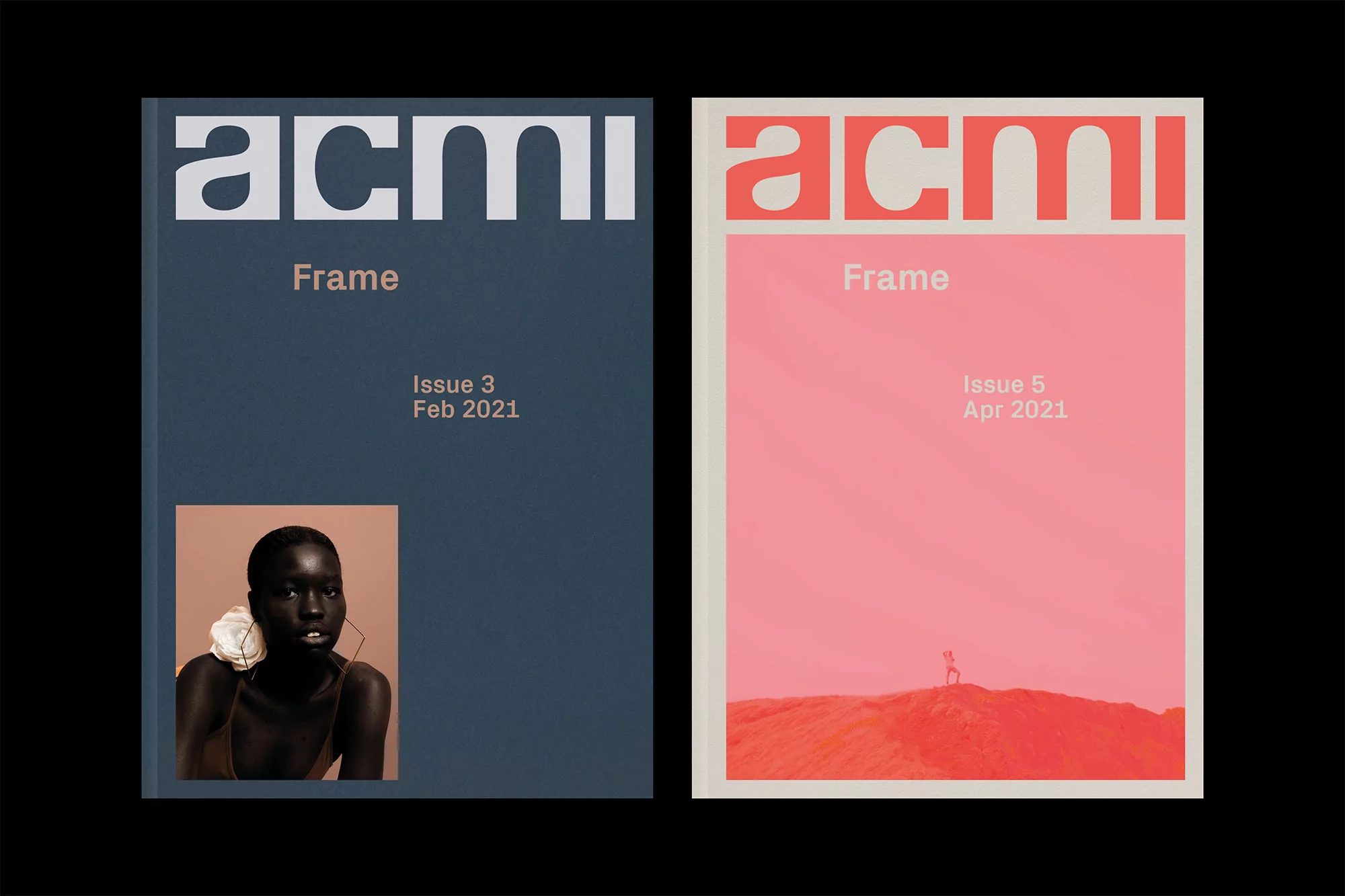 Two magazine covers with graphic design, text, and a portrait photo on a dark blue cover and a photo of animal on pink cover.