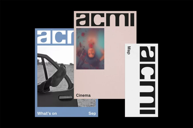 ACMI promotional material features photographic images of film, cinema, and the arts, set against a solid black background.