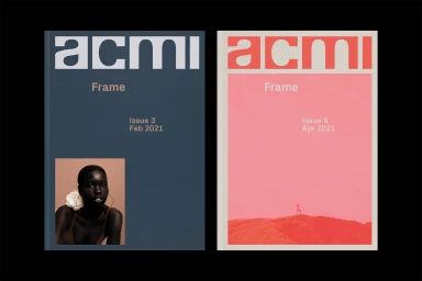 Two ACMI Frame publication covers featuring minimalist graphic design typography, one blue with a portrait inset and one pink with a landscape