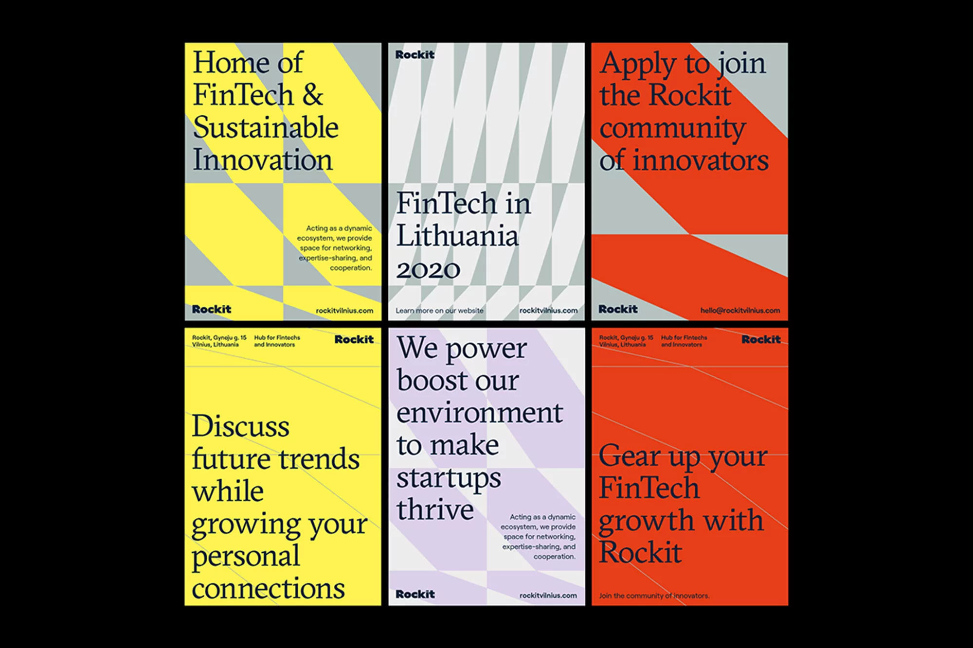 FinTech and Sustainable Innovation advertisements for Rockit in yellow, white, purple, and orange color blocks with geometric patterns.