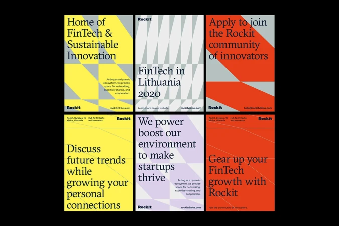 FinTech and Sustainable Innovation advertisements for Rockit in yellow, white, purple, and orange color blocks with geometric patterns.