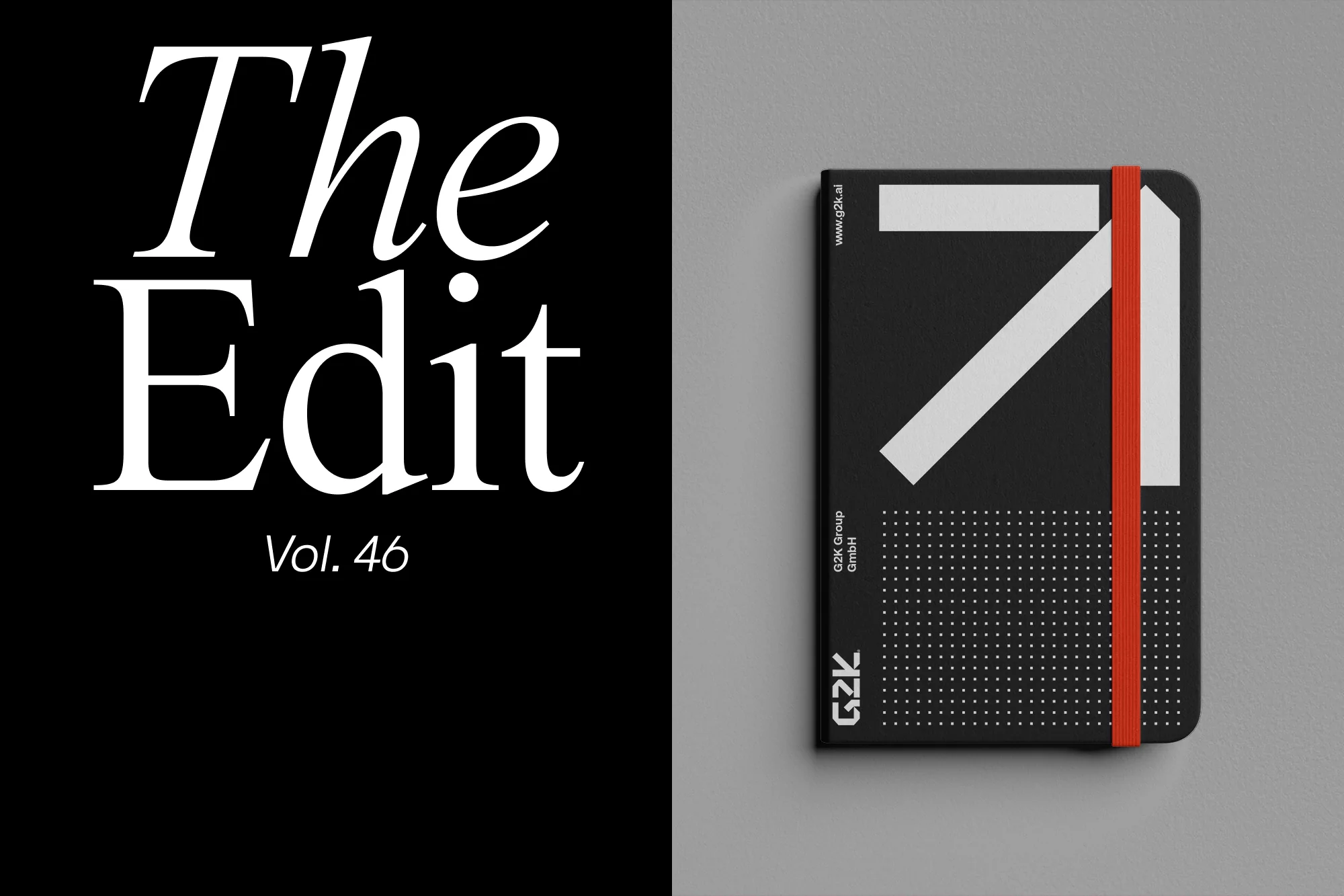 Black notebook cover featuring a white geometric design and a red elastic closure band, set against a neutral grey background.