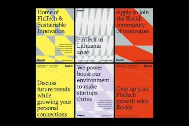 Grid of six graphic design posters featuring bold typography and geometric patterns in yellow, white, grey, purple, and red.