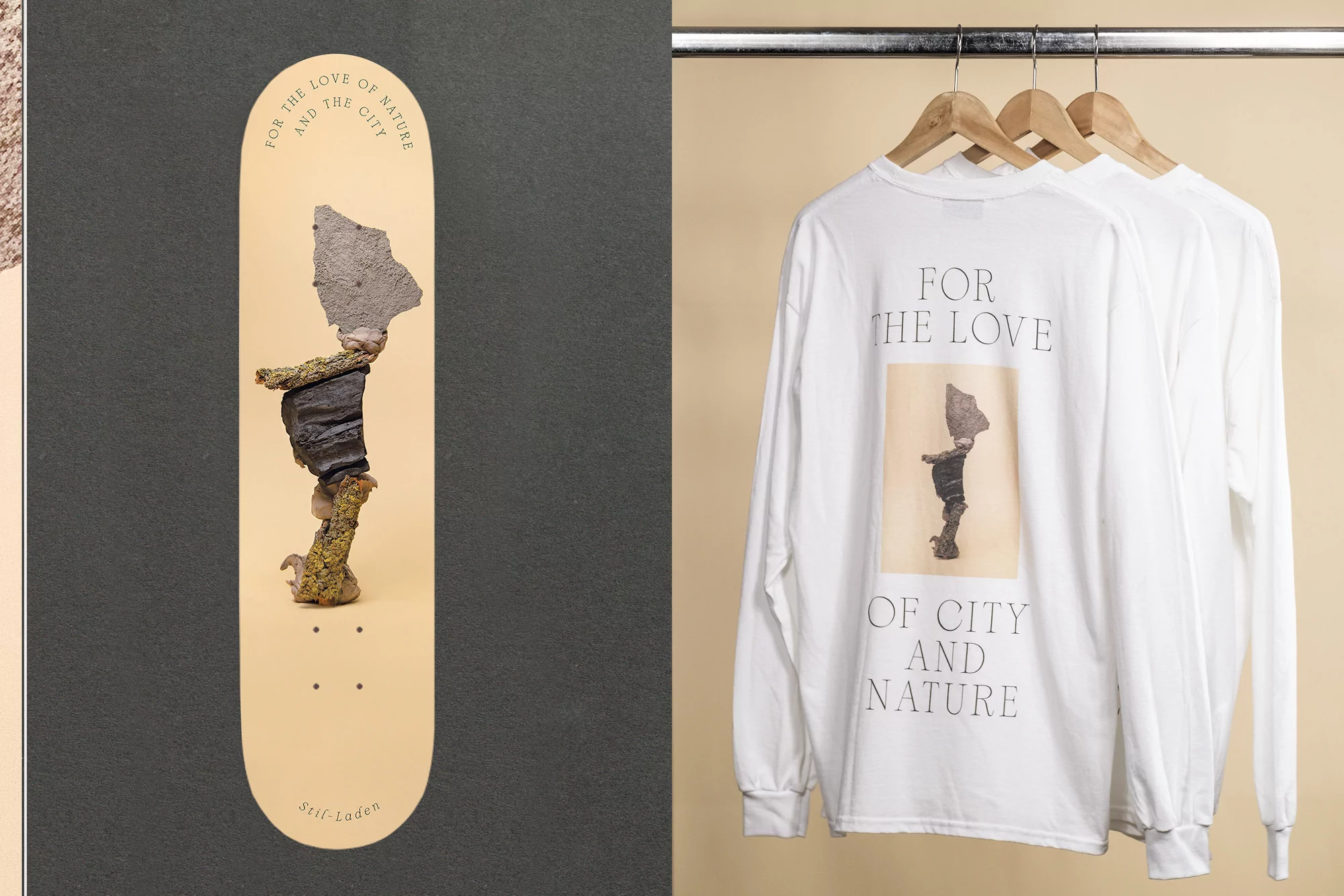Skateboard deck with sculptural art and white long sleeve shirts on hangers against a beige background in a product shot.