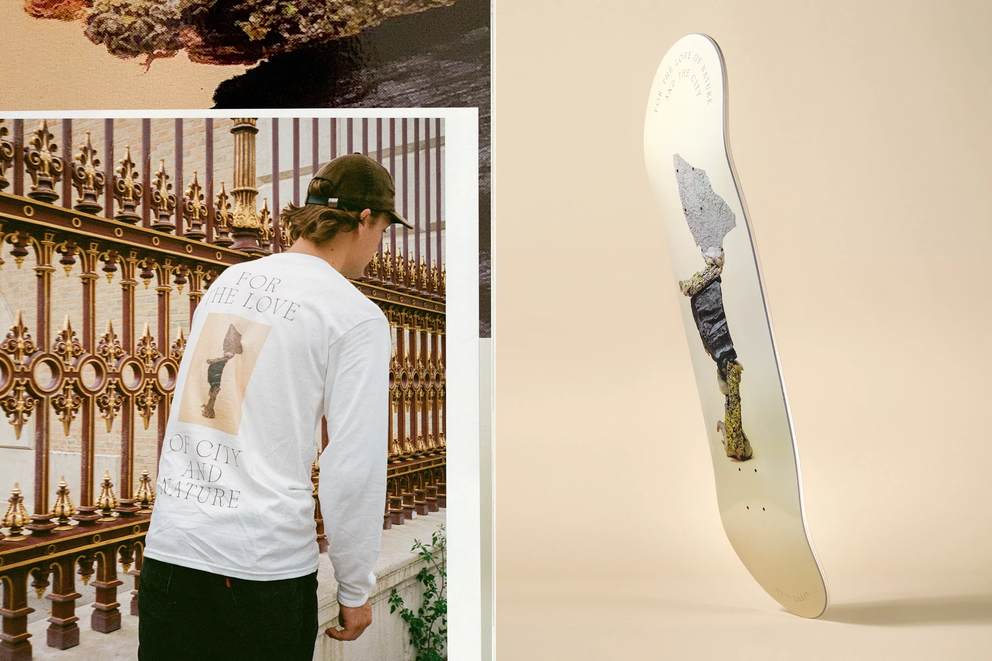 Skateboard and fashion ad featuring a man in a long-sleeve shirt standing next to a golden fence and a skateboard with artwork.