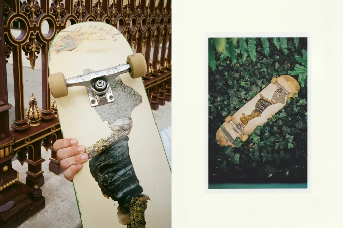 Skateboard deck art on a beige background shows a man's hand gripping the center and a polaroid-style view of a skateboard on green ivy.