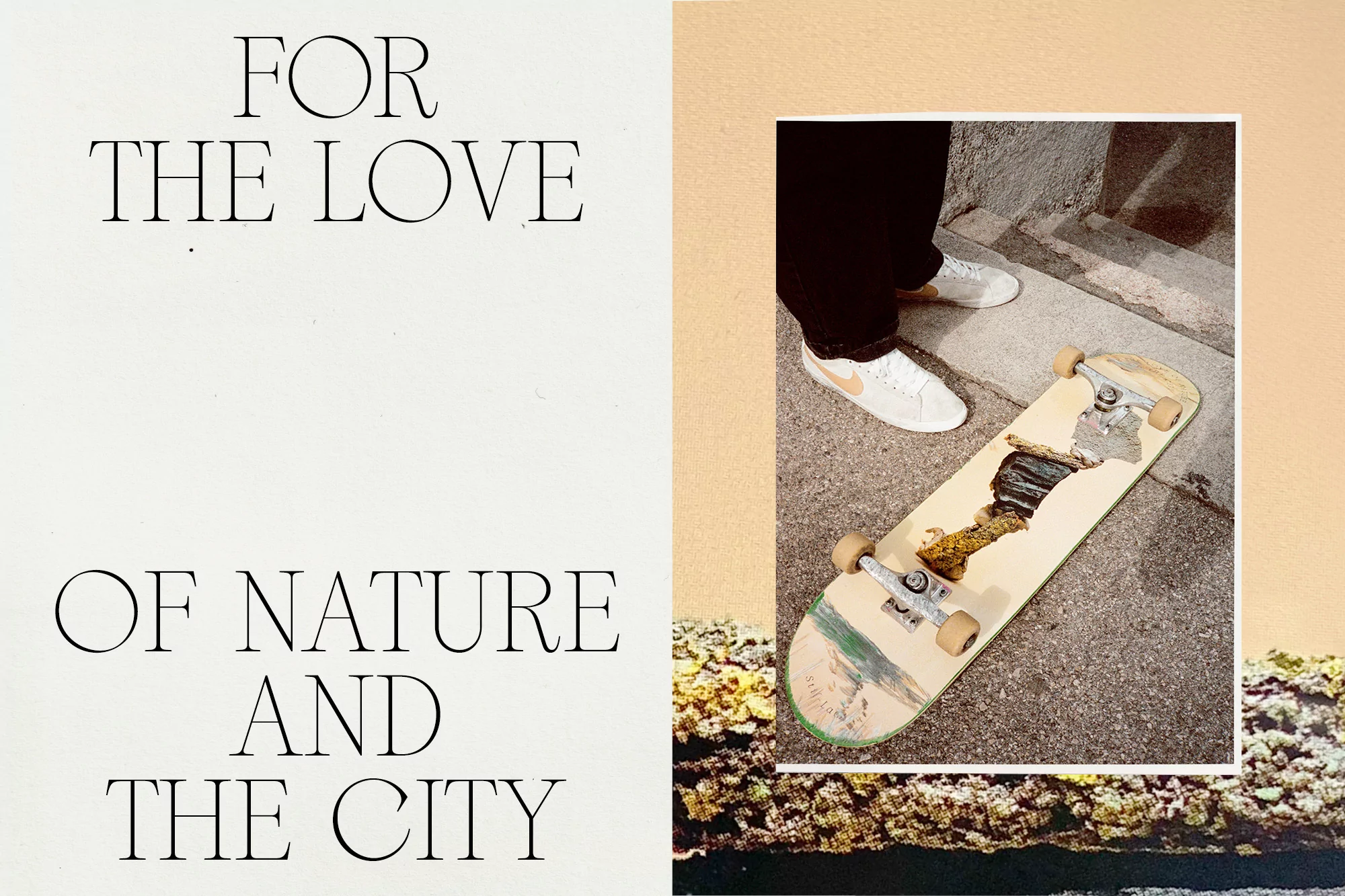 Damaged skateboard on pavement with tan sneakers, black pants, and overlaid text art for visual interest and urban lifestyle appeal.