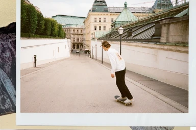 A young man skateboarding down a sloping city street flanked by white walls and classic European architecture.
