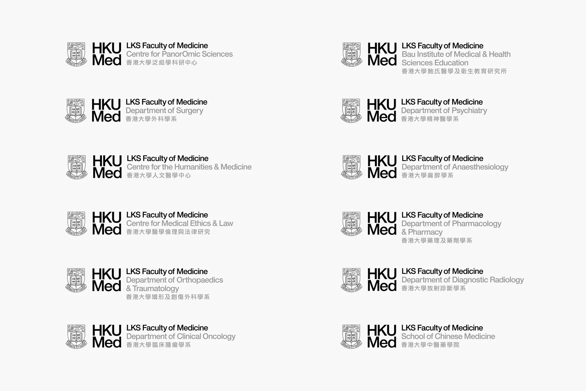 Logos of HKU LKS Faculty of Medicine and its various departments including surgery, psychiatry, ethics, oncology, radiology, etc.