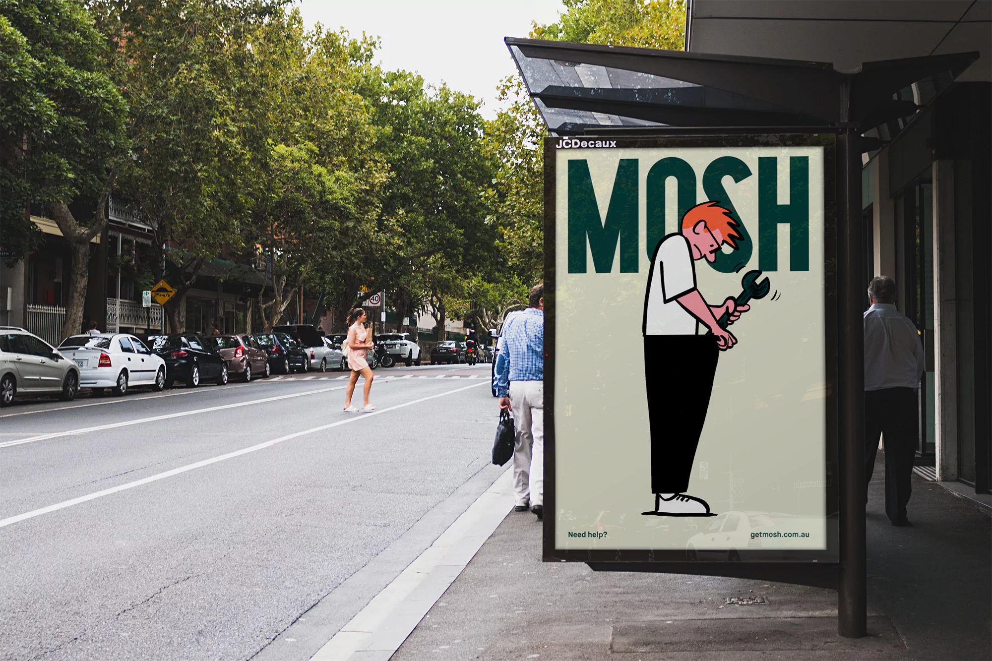 Bus stop ad featuring an illustration of a person holding a wrench in an urban setting, with cars and a pedestrian in the background.