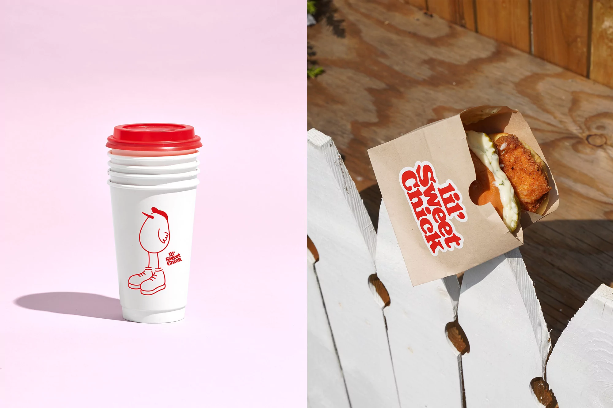Chicken sandwich in paper bag and stacked paper cups with red lids on pink and wood backgrounds show food and beverage advertising.