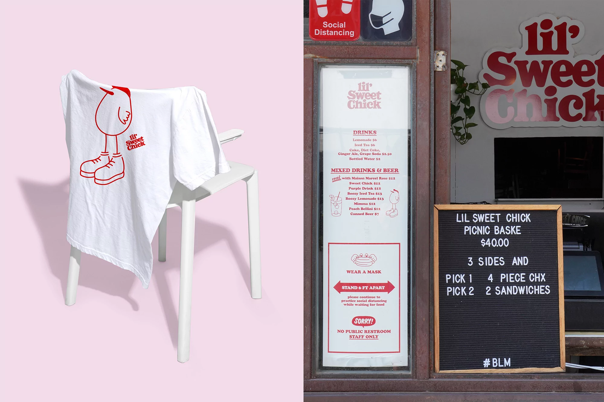 White Lil' Sweet Chick t-shirt draped over a white chair, with restaurant menu board in the background, both indoors.