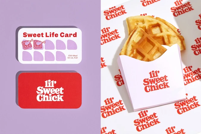 Graphic product shot of Lil' Sweet Chick loyalty card and waffle snack in a branded container against a lavender background.