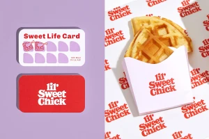 Lil' Sweet Chick branding items including a loyalty card and branded waffle packaging on patterned surfaces.