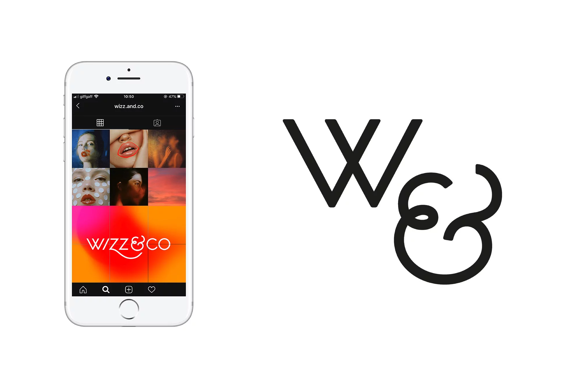 A smartphone displays a grid of images from an Instagram account next to a stylized company logo on a white background.