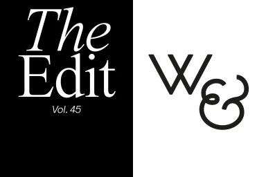 Split black and white graphic design with bold typography reading The Edit Vol. 45 and a monogram logo for WIZZ&CO.