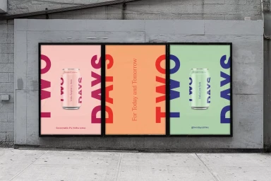 Three vertical advertising posters mounted on a grey concrete wall displaying Two Days brand identity with bold typography and beverage cans.