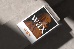 Printed brand identity collateral for Wax London in a clear plastic sleeve resting on a textured concrete surface.