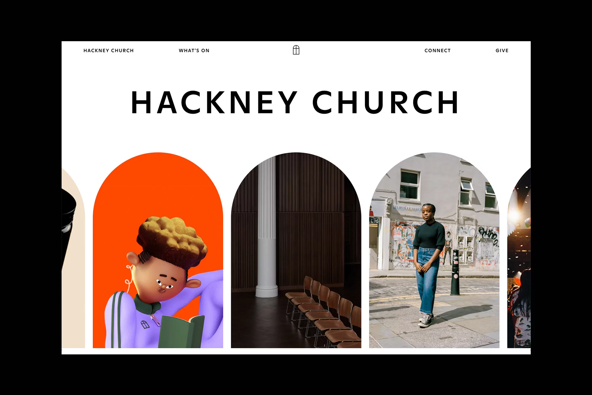 Website design featuring a diverse collection of images in arch frames, including illustration, church interior and architecture, and a person.