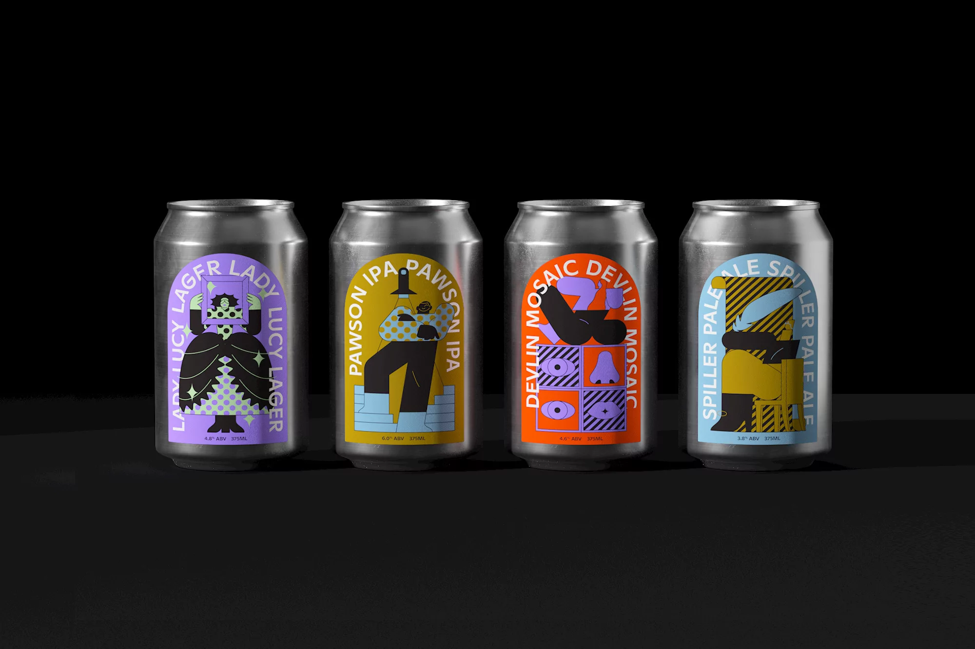 Four aluminum cans with colorful abstract designs sit against a black background, featuring a variety of vibrant colors and unique patterns.