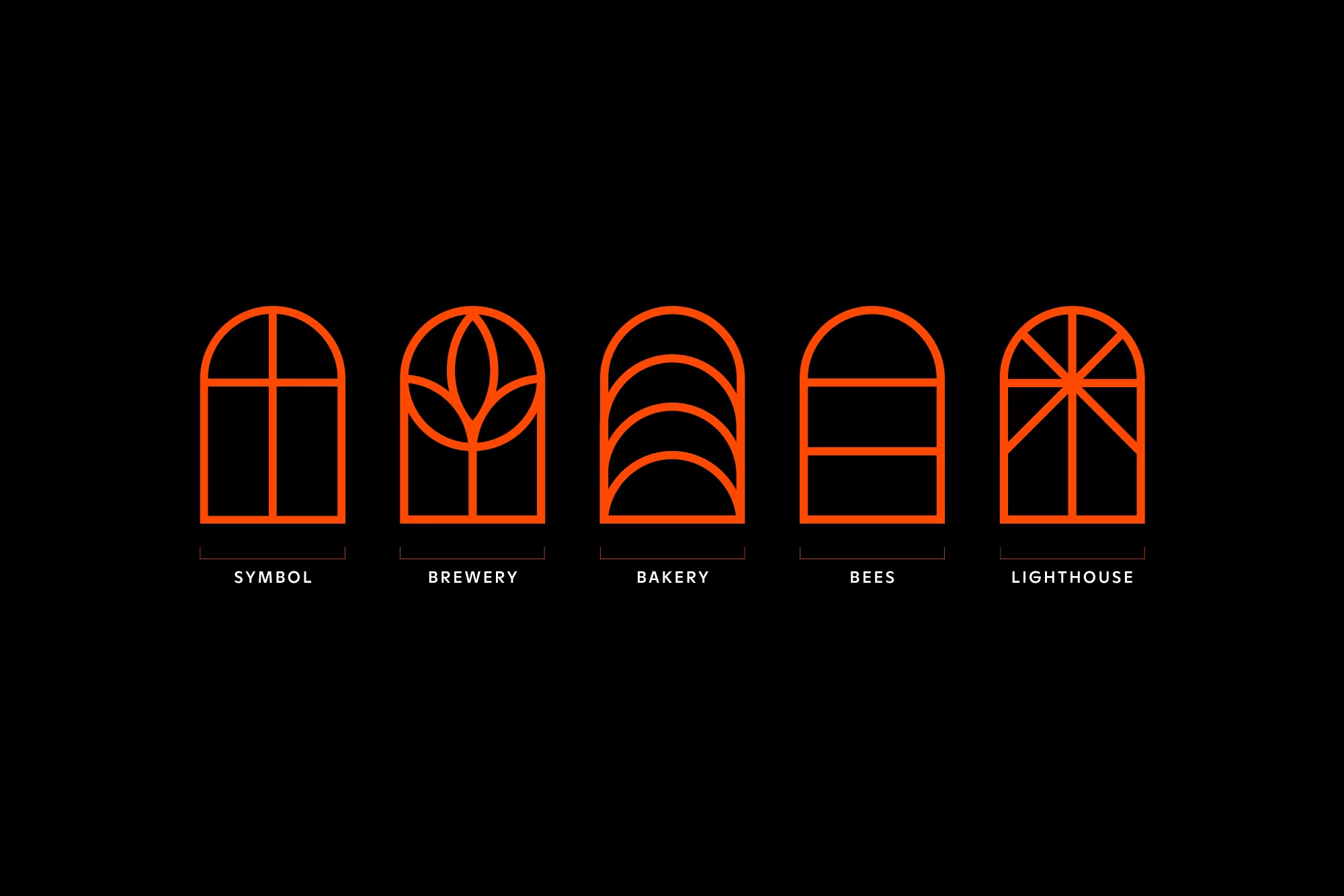 Graphic design elements featuring arched window frame illustrations representing a symbol, brewery, bakery, bees, and a lighthouse.