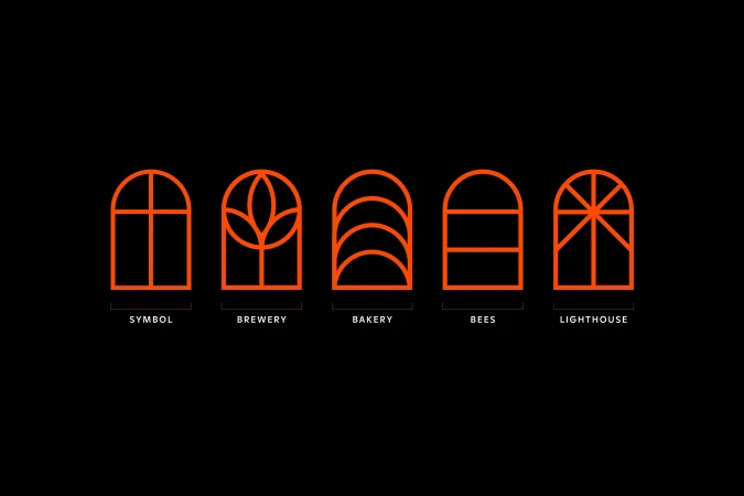 Graphic design elements featuring arched window frame illustrations representing a symbol, brewery, bakery, bees, and a lighthouse.