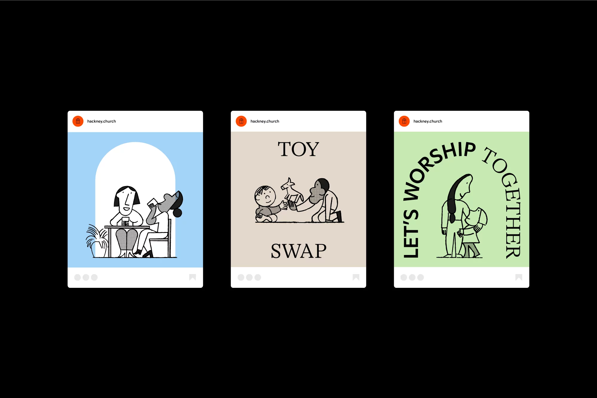 Illustration of adults and children with simple line work in a series of social media posts promoting community and belonging.