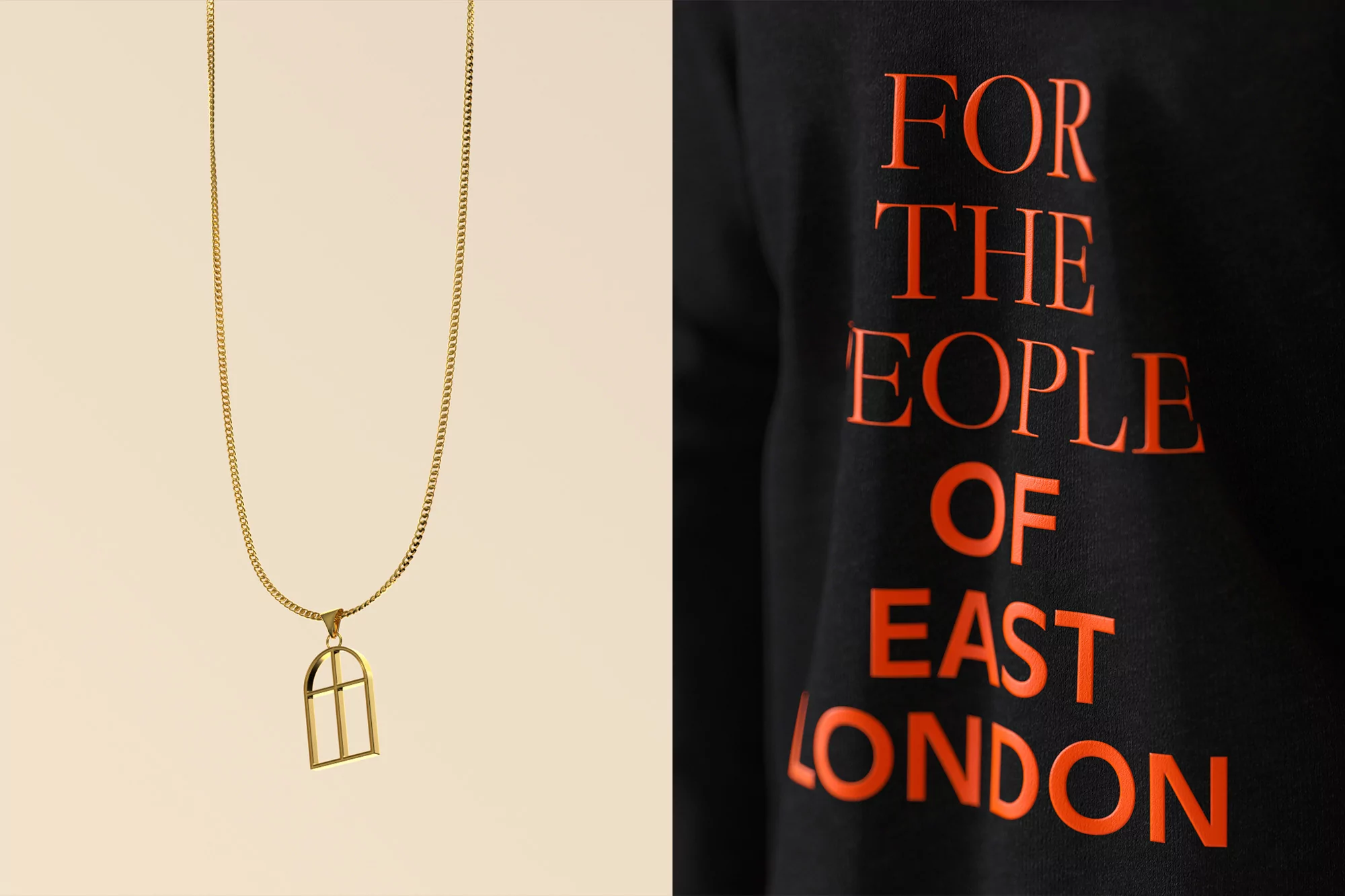 Gold chain necklace with architectural pendant; black sweatshirt with orange text 'For The People of East London'.