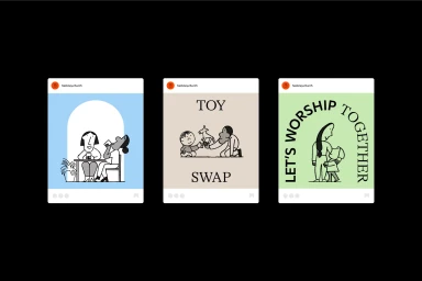 Three illustrated social media post mockups featuring minimalist line drawings and typography for Hackney Church brand identity.