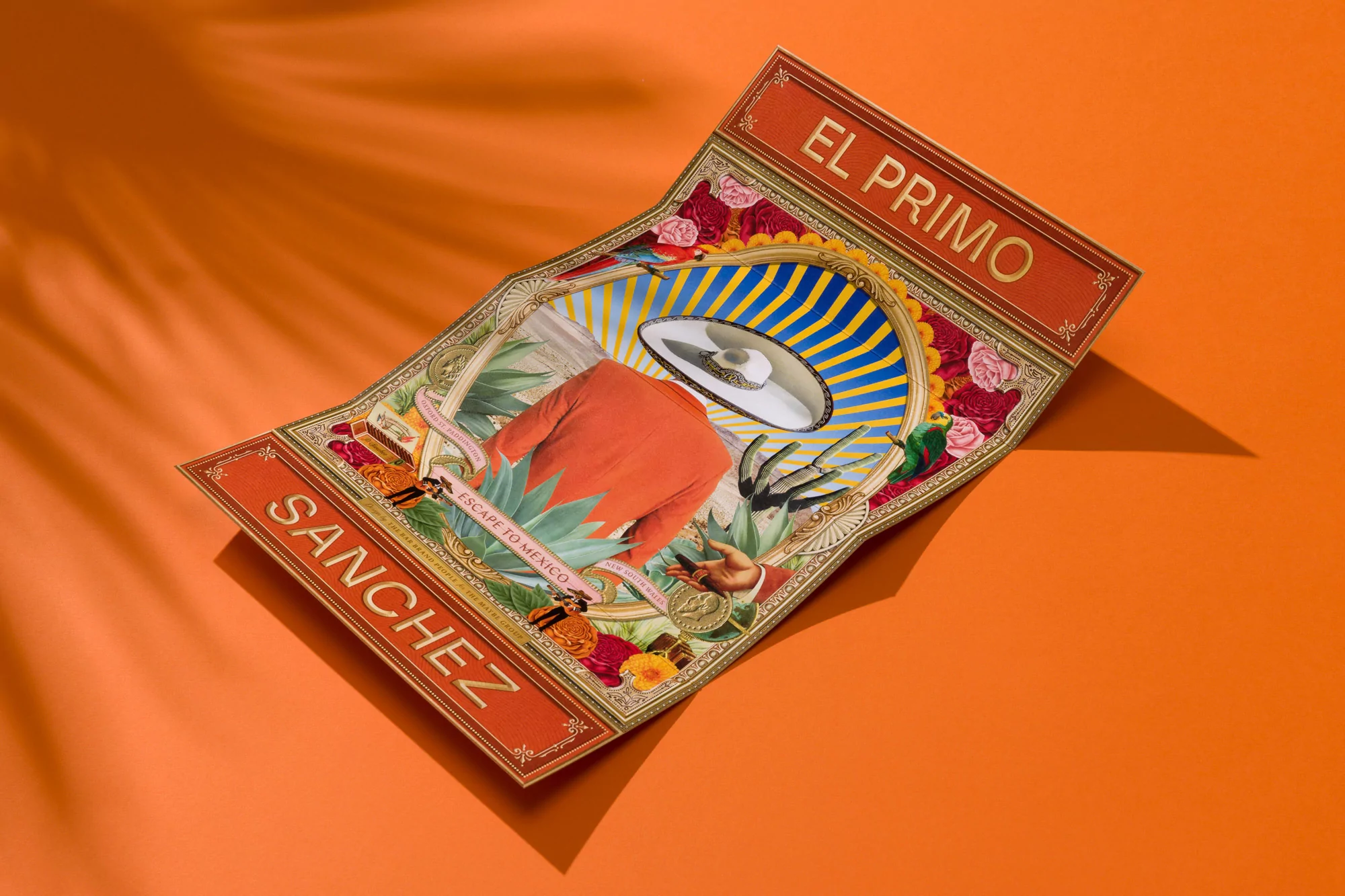 Collage art of El Primo Sanchez, featuring a person in an orange jacket and sombrero, surrounded by flowers on an orange backdrop.
