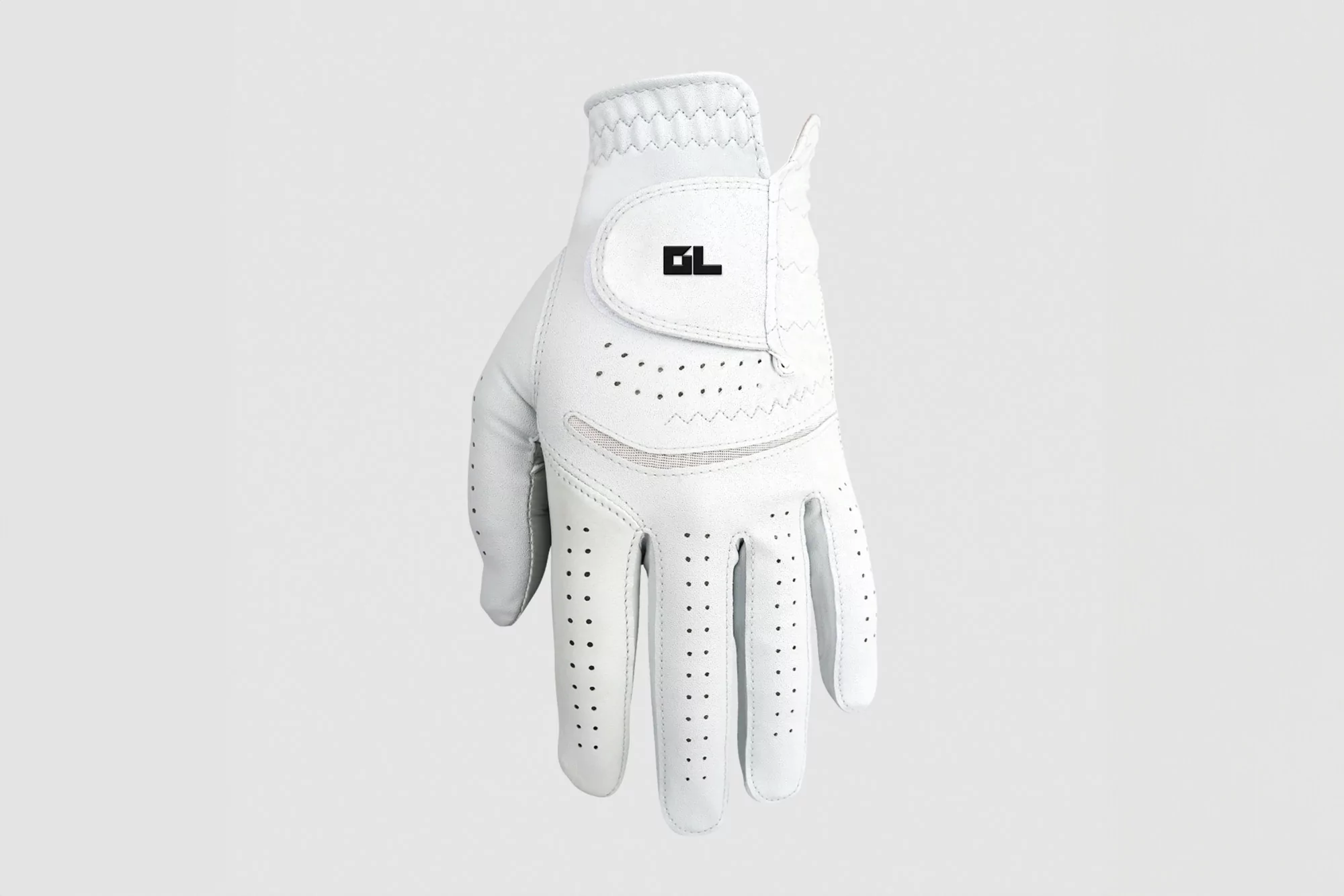 Close-up of a white golf glove featuring ventilation holes and a black logo, set against a neutral background, ideal for sports-related visuals.