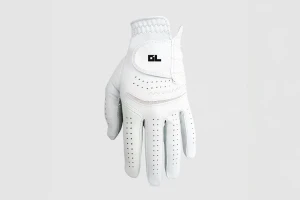 A single white golf glove featuring a black GL logo on the wrist strap and perforated ventilation holes on a grey background.