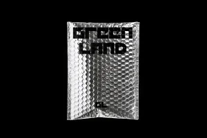 Metallic silver bubble mailer packaging featuring black block typography against a solid black background.
