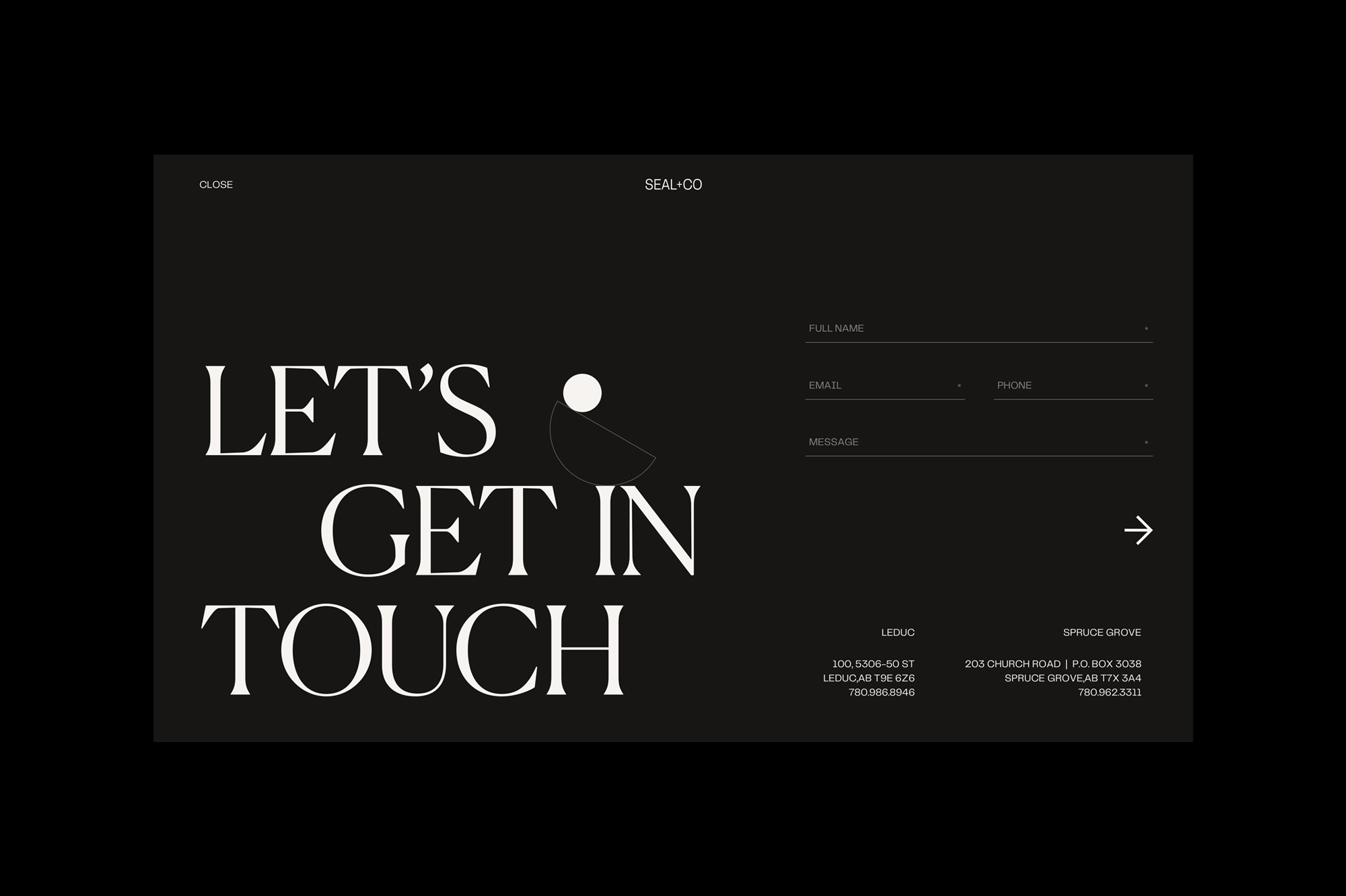 Clean website design featuring 'Let's Get In Touch' text, contact form fields, and address details in black and white.