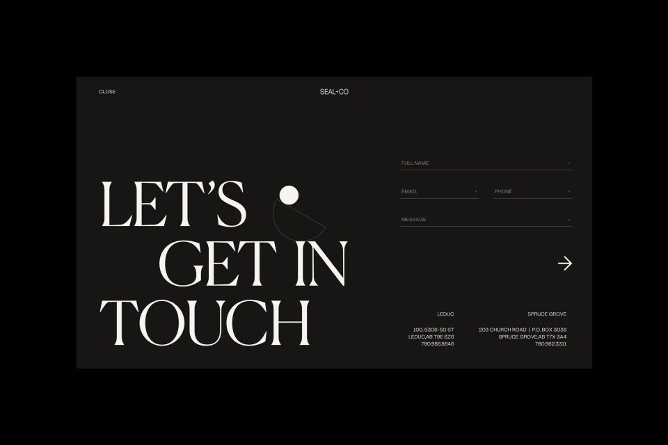Clean website design featuring 'Let's Get In Touch' text, contact form fields, and address details in black and white.