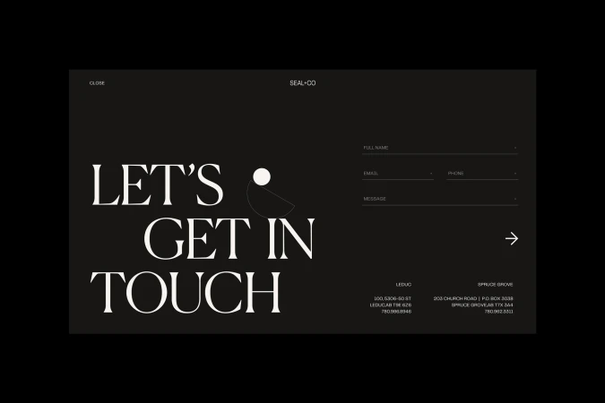 Clean website design featuring 'Let's Get In Touch' text, contact form fields, and address details in black and white.