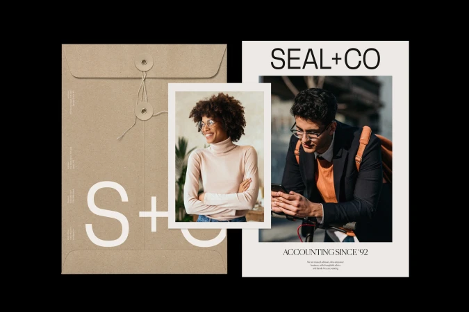 Two images of business professionals with an envelope mockup, Seal+Co Accounting advertisement, and neutral color palette background.