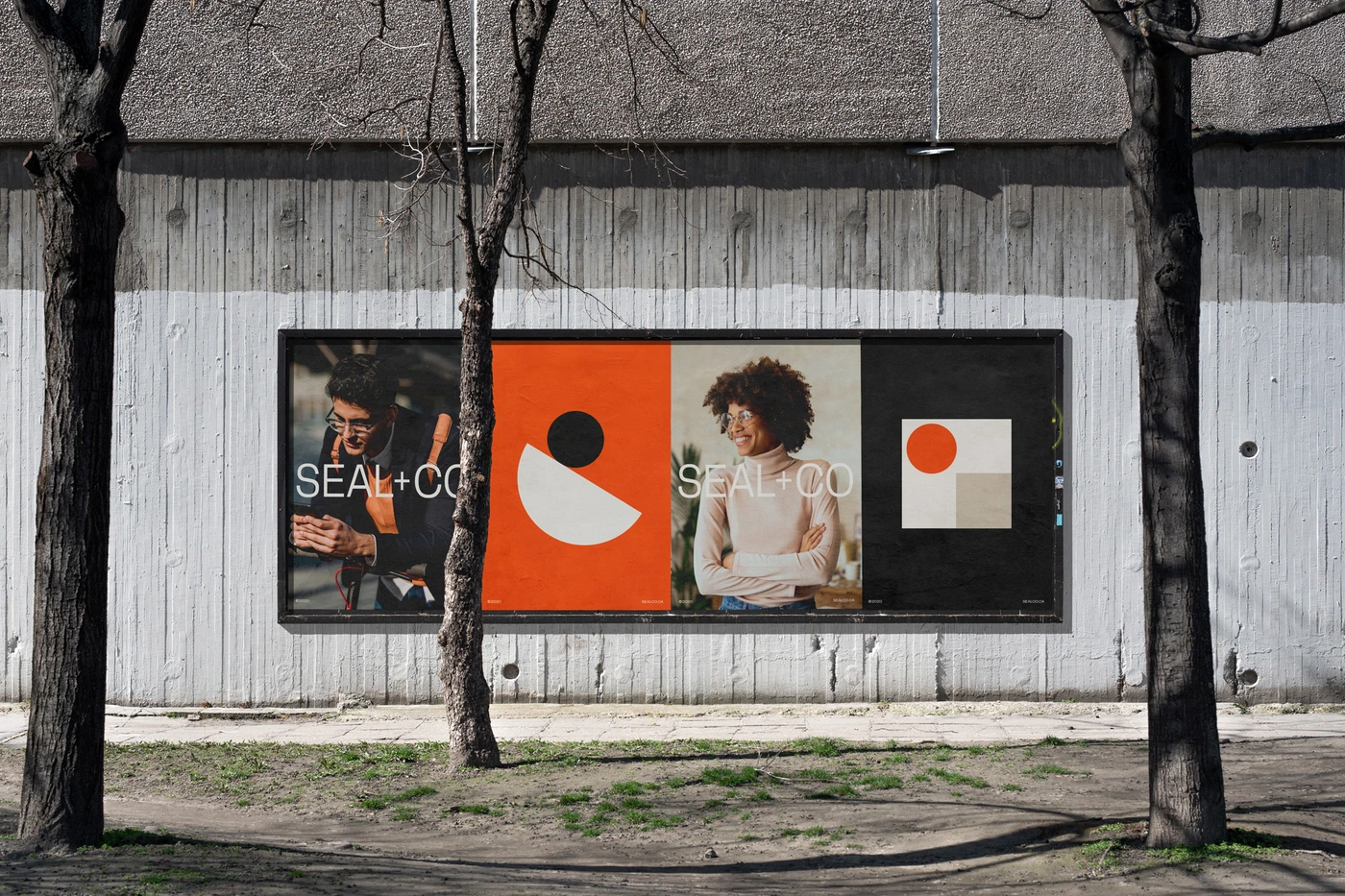An outdoor billboard display mounted on a concrete wall featuring branding posters for Seal+Co, framed by two bare tree trunks.