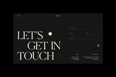 Minimalist dark mode website contact page interface design with white serif typography for Seal+Co brand identity