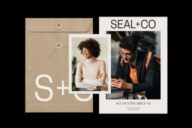 Mockup of Seal+Co brand identity featuring a kraft paper envelope, a photo print, and an editorial poster.