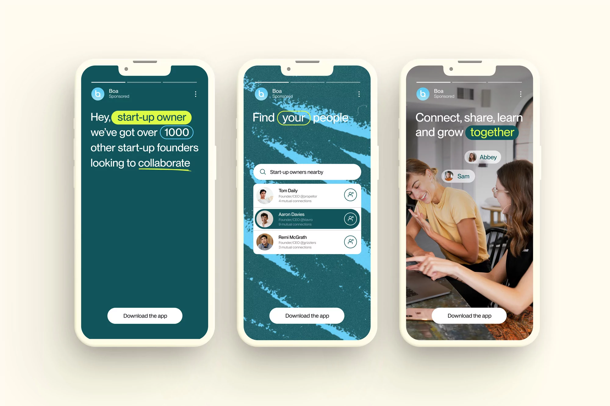 Three smartphones display a social media app interface for business networking. App shows profiles and collaboration features.