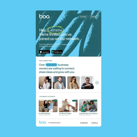 Boa digital ad featuring business connection services, networking opportunities, and upcoming live events for business owners.