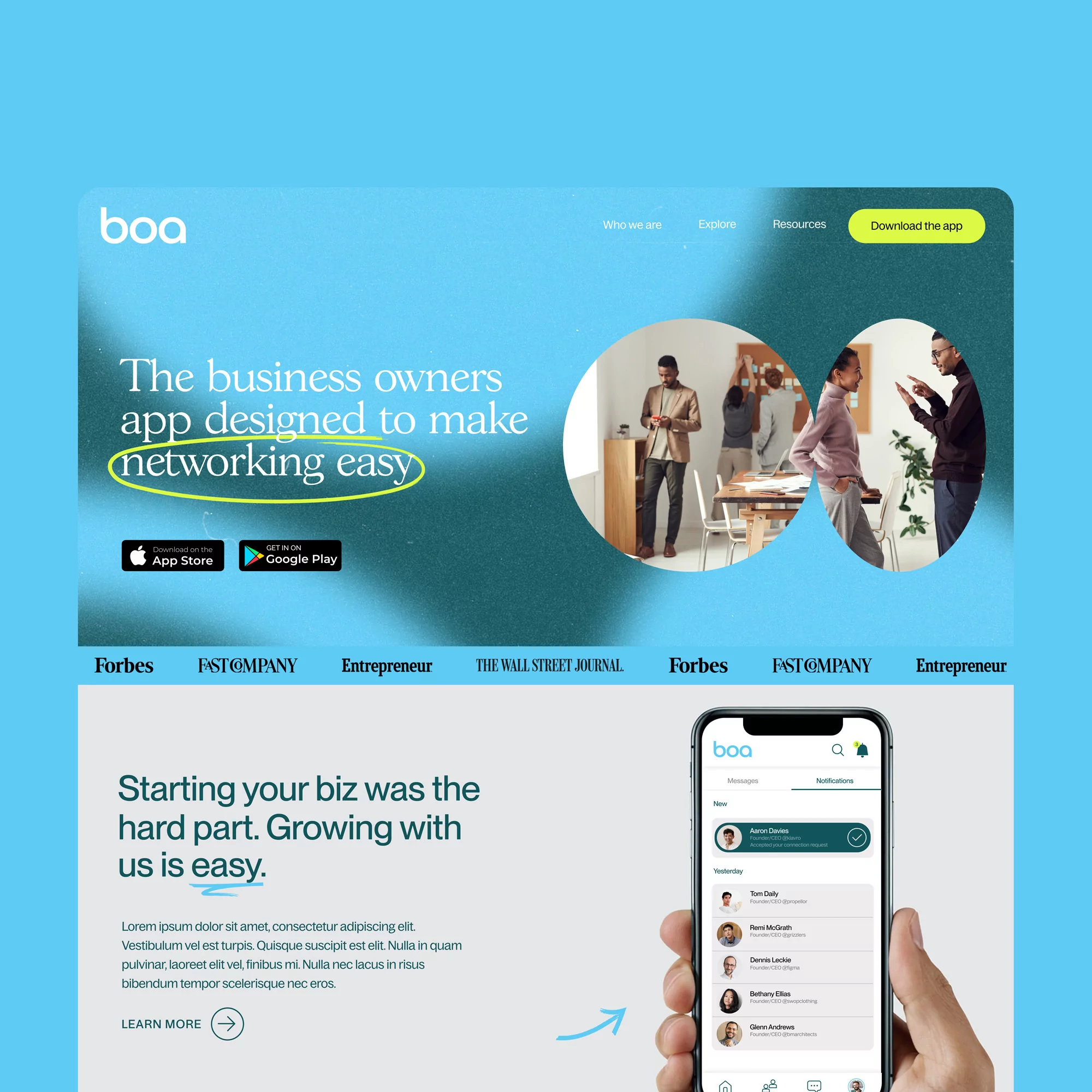 Landing page design mockup features business app interface, promoting networking and easy business growth, showcasing diverse individuals.