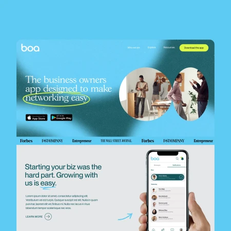 Landing page design mockup features business app interface, promoting networking and easy business growth, showcasing diverse individuals.