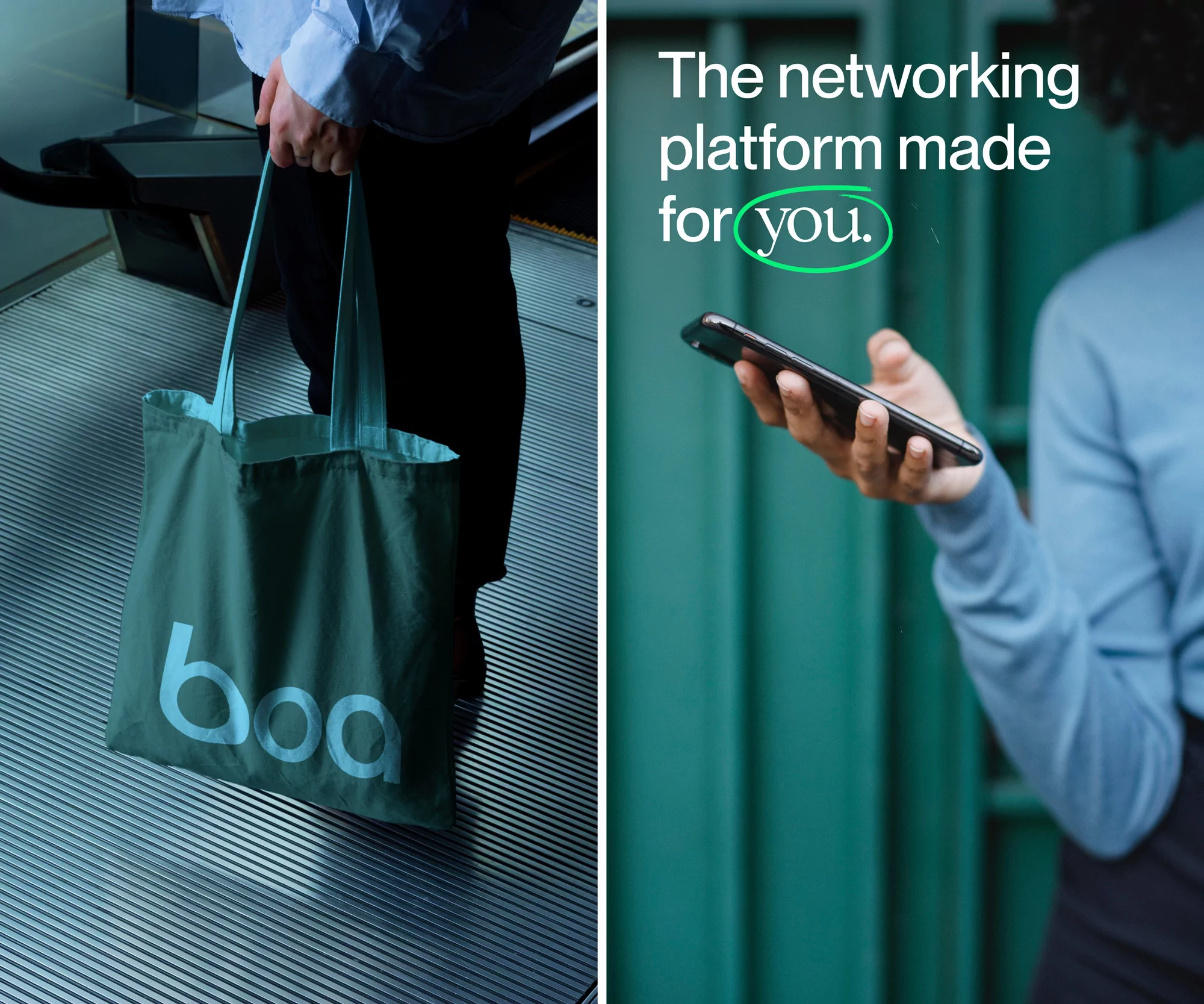 Person holds a tote bag with the logo 'boa' while another person checks their smartphone next to a teal wall with text overlay.